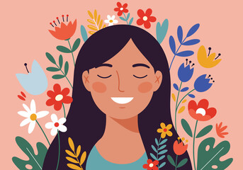 Celebrate the beauty of spring with this flat vector illustration. A serene woman surrounded by vibrant flowers embodies the season's freshness and joy. Ideal for spring-themed designs