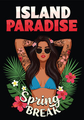 Adobe Illustrator Artwork Vibrant spring break party illustration featuring a woman DJ, drinks, and a spring break theme against a colorful, flat vector background. Perfect for spring holiday promotio