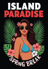 Adobe Illustrator Artwork Vibrant spring break party illustration featuring a woman DJ, drinks, and a spring break theme against a colorful, flat vector background. Perfect for spring holiday promotio