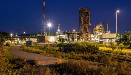 Obraz premium Nighttime Industrial Scene with Lights and Equipment in the Background