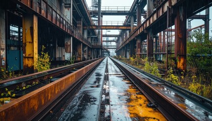Obraz premium Industrial Abandoned Train Tracks in Rainy Urban Environment