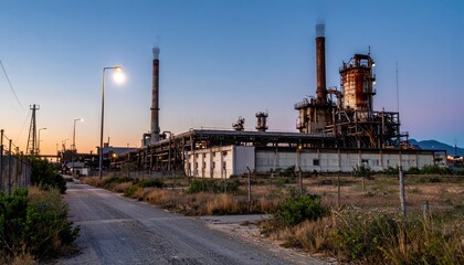 Fototapeta premium Sunset View of Industrial Complex with Smokestacks and Streetlight
