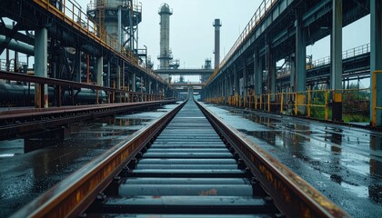 Fototapeta premium Industrial Railway Tracks in an Oil Refinery on a Rainy Day