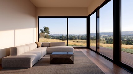 Fototapeta premium Minimalist Living Room with Large Windows Overlooking Serene Landscape, Featuring Comfortable Sofa and Modern DÃ©cor for Relaxing Atmosphere.