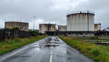 Obraz premium Abandoned Industrial Site with Storage Tanks and Wet Road Reflection