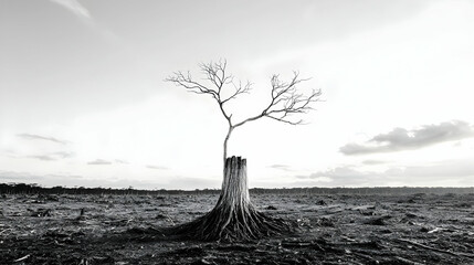 A black and white photo depicts deforestation and a single tree trunk with branches. It symbolizes environmental destruction and climate change. Use for conservation awareness.