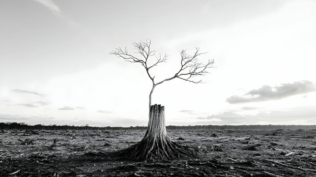 A black and white photo depicts deforestation and a single tree trunk with branches. It symbolizes environmental destruction and climate change. Use for conservation awareness.