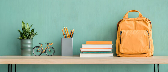 A minimalist desk setup with a plant pencils books and a backpack. It's ideal for organizing your study or work space creating a clean look.