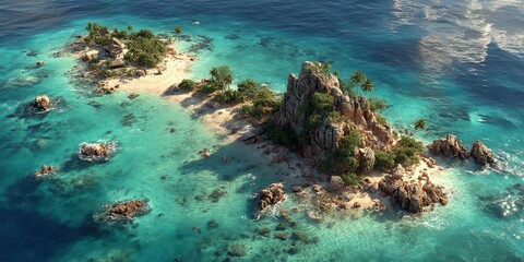 Naklejka premium Coastal paradise with clear waters and rocky formations under a bright sky