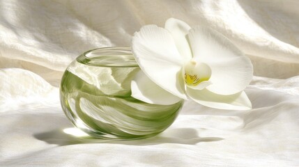 Naklejka premium Delicate white orchid in a glass bowl on a soft surface.