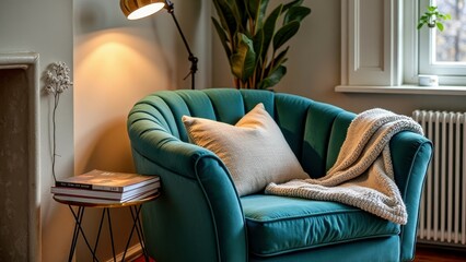 Cozy living room corner with teal armchair, beige pillow, soft blanket, and indoor plant