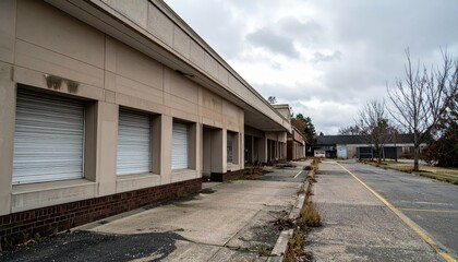Obraz premium Abandoned Commercial Building with Overgrown Parking Lot and Gray Sky