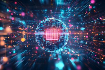 •  Floating processor cubes orbit a glowing neon sphere radiating cyan and magenta pulses in a dark digital void 