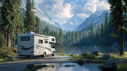 A white RV by a lake with a forest and snow - capped mountains in the background