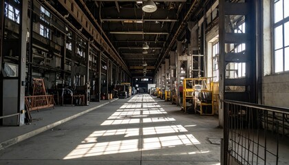 Obraz premium Industrial Warehouse Interior with Long Shadows and Natural Light