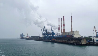 Industrial Landscape with Factory and Emissions on Cloudy Day