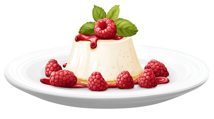 A panna cotta dessert with raspberries and mint leaves on a white plate isolated view