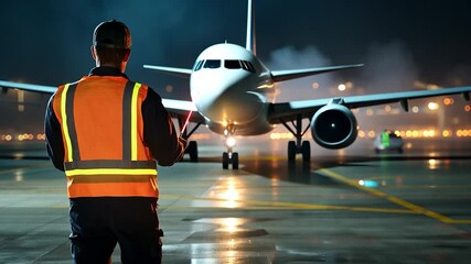 Airport worker directing a plane at night