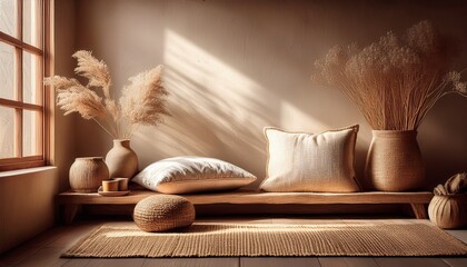 Wohnzimmer-Ecke mit Bodenkissen und Trockenblumen