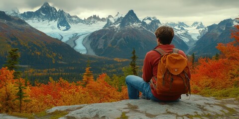 Autumnal vista with hiker and snowy peaks.