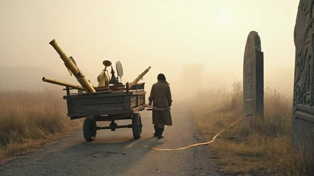 Back view of a solitary person small wooden cart filled strange vintage objects, walking foggy countryside road, cryptic roadside symbols, muted tones, mysterious cinematic, storybook realism