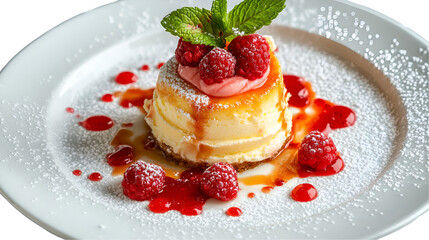 A dessert with raspberries and mint leaves on top of a white plate with sauce and sugar