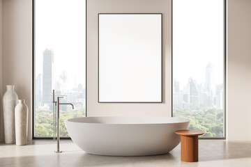 Modern bathroom interior with blank poster mockup on wall, freestanding bathtub, city view through large windows, minimalist design, bright atmosphere. 3D Rendering