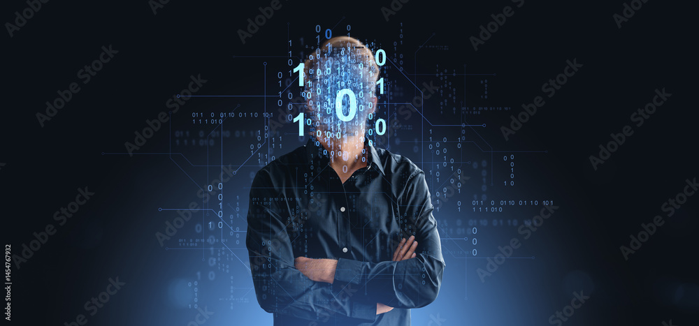 Poster businessman with binary code face representing digital identity