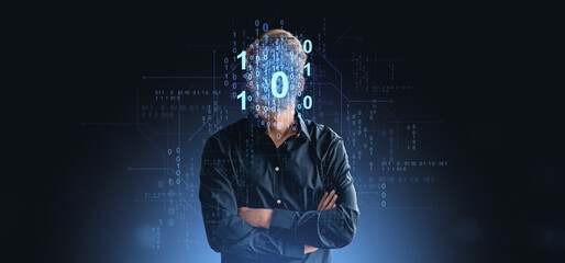 Businessman with binary code face representing digital identity