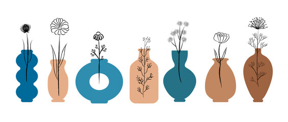 Wild flowers in vases, bottles. Silhouette modern forms. Minimalistic bouquet in Ceramic trendy form set on white background.