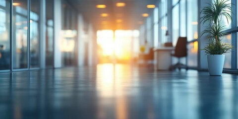 Interior corridor of a modern office building with sunlight shining through the window during daytime
