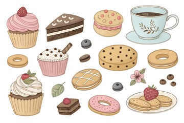 set of illustrations of sweets, cupcakes, tarts, cookies, pancakes, tea cups and cakes, white background