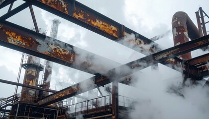 Naklejka premium Industrial Structure with Rusty Steel Beams and Steam in the Air