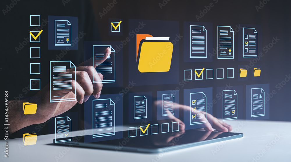 Poster digital document management system technology concept with virtual files and folders interface.
