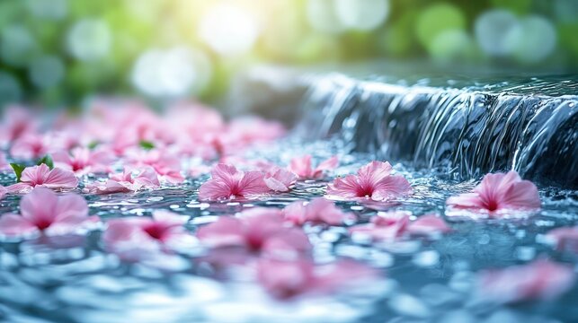 Pink petals floating on water with a gentle waterfall