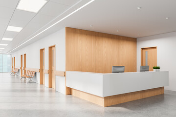 Modern hospital or clinic reception area with minimalist interior design and wood panel accents on white walls and ceiling lights. 3D Rendering. 3D Rendering
