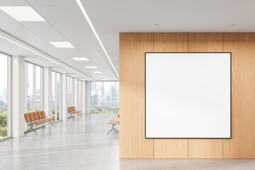 Blank white poster mockup on wooden wall in modern waiting area with city view and clean interior design elements, perfect for advertising layout template. 3D Rendering