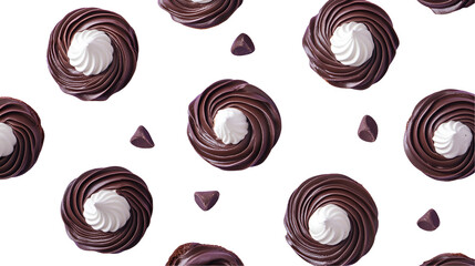 A seamless pattern of chocolate swirl cupcakes with white frosting on a white background