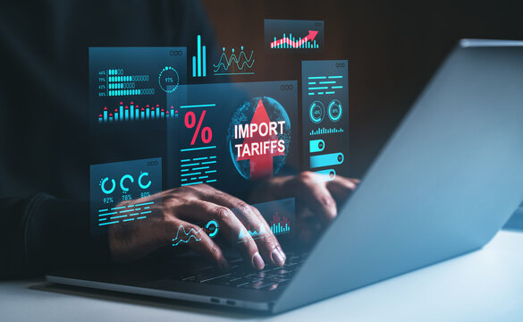 Import tariffs and economic data visualization concept with increasing growth and trade war indicators displayed on futuristic digital interface screen.