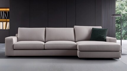 Modern sectional sofa with dark accent pillow creating a stylish living space, featuring neutral tones and contemporary design.
