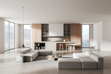 Minimalist open concept kitchen and living room with modern furniture, neutral tones, and panoramic...