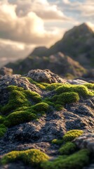 Green moss covered stone in tranquil outdoor scene