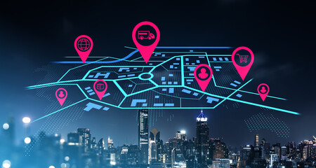 Supply chain logistics and transportation management in modern Bangkok cityscape at night.