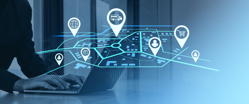 Logistics and delivery network management system on digital interface background.