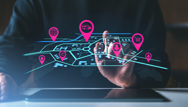 Logistics management and transportation network tracking on digital touchscreen map interface.