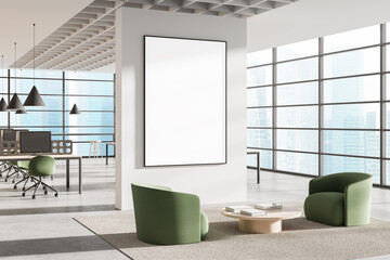 Fototapeta na wymiar Modern office interior with blank framed poster on clean white wall and green chairs in waiting area with panoramic window view and soft lighting. 3D Rendering