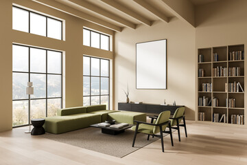 Modern interior living room with blank framed poster on beige wall and green furniture for design mockup or branding display template concept. 3D Rendering