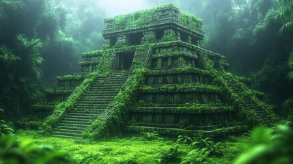 Obraz premium Ancient temple overgrown with lush jungle foliage