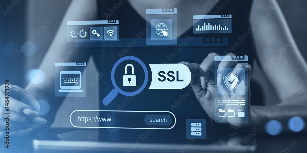 Poster ssl security concept on digital screen with lock icon and search bar interface.