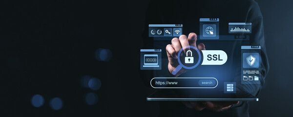 Cybersecurity interface with SSL padlock and digital protection icons on screen.